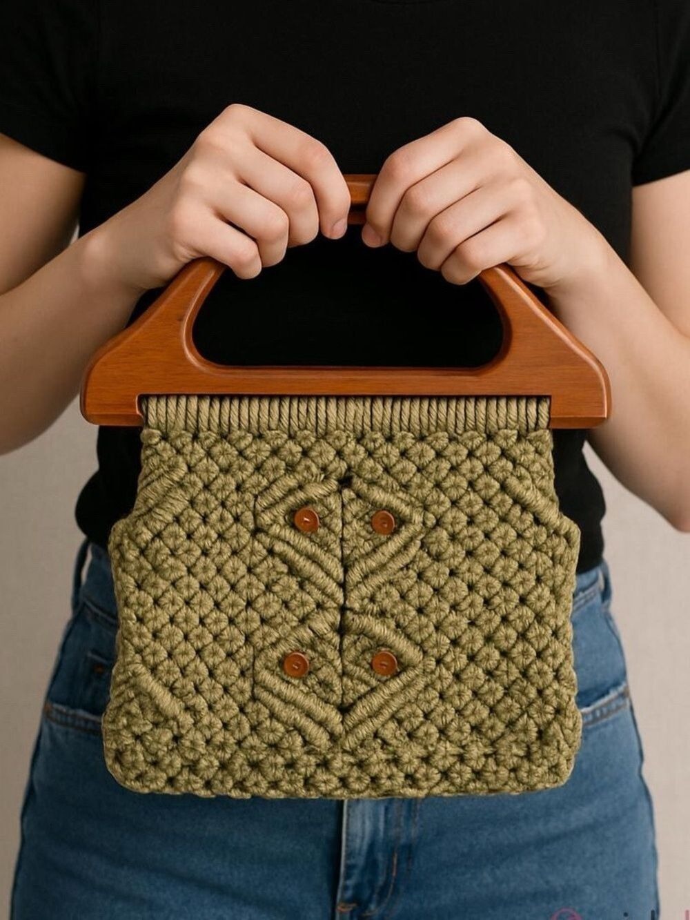 Vintage Handcrafted Macramé Bag Wooden Handles top opening purse beige brown